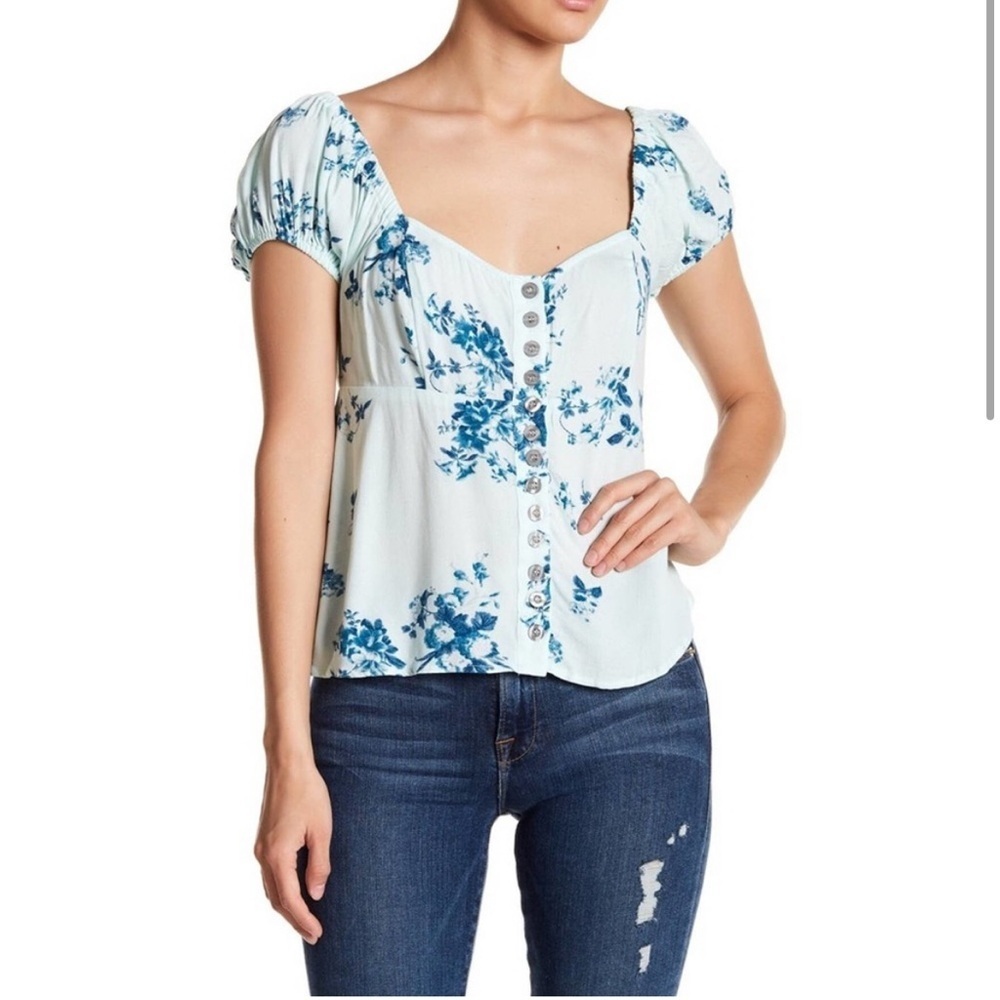 Free People Blue Floral Peasant Top XS Cottagecore Boho Puff Sleeve Babydoll